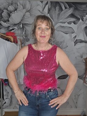 Bright Pink Sequin Feather Hem Tank Top